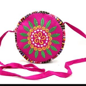 Pink and Green Circular Crossbody Bag with Embroidered Design